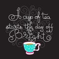 Cup of Tea Starts the Day of Bright. Vector lettering. Royalty Free Stock Photo