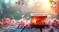 cup of tea on table with some cherry blossoms