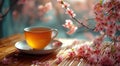 cup of tea on table with some cherry blossoms