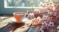 cup of tea on table with some cherry blossoms