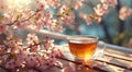 cup of tea on table with some cherry blossoms