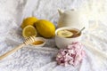 Cup of tea and teapot with lemons and honey on a white background, pink hortensia and a cup of tea, close up Royalty Free Stock Photo