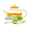 Cup of tea, teapot and spoon vector on white background. Tea green hills landscape inside kettle. Flat style drink illustration