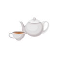 Cup of tea and teapot. Traditional English drink. Flat vector element for advertising poster, cafe or restaurant menu