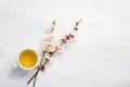 Cup of tea and two branches of blossoming Apricot on old wooden shabby table