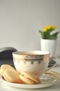 Cup of tea and vanilla French macaroons with yellow plant