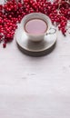 Cup of tea on a white circle on a white saucer with berries Kalina space for text Royalty Free Stock Photo