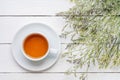 A cup of tea on white painted wood background