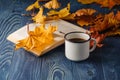 Cup of tea wit old book and autumn leaves on wooden table