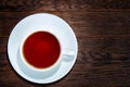 Cup of tea on a wooden background top view.