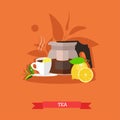 Cup and teapot of black tea with lemon., vector illustration Royalty Free Stock Photo