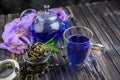 Cup and teapot butterfly pea flower blue tea. Healthy detox herbal drink