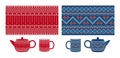 Cup, teapot with knitting texture. Red and blue Christmas seamless knit print mockup. Vector. Xmas winter pattern Royalty Free Stock Photo