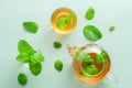 Cup and teapot of mint tea with green leaves on green background. Flat lay, top view. Herbal tea concept Royalty Free Stock Photo