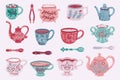 Cup and teapot. Trendy doodle kettle and mugs for coffee and tea with minimalistic abstract textures. Vector set