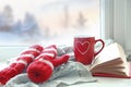 Cup of tee coffee and book on windowsill. Christmas comfort. Cold weather. Reading concept. Winter mood.. Valentines day Royalty Free Stock Photo