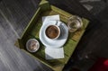 Cup of traditional turkish coffee with turkish delight and glass of water Royalty Free Stock Photo