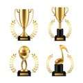 Cup trophy with golden laurel. Realistic gold sports or music winner awards. Victory goblet with wreath frame