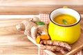 a cup of Turmeric Tea with lemon and ginger , Benefits for reduce Inflammation , Liver Detox and Cleanser healthy herb drink