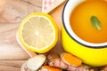 a cup of Turmeric Tea with lemon and ginger , Benefits for reduce Inflammation , Liver Detox and Cleanser healthy herb drink Royalty Free Stock Photo