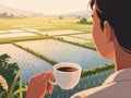 a cup of warm coffee in hand enjoyed while enjoying the expanse of rice fields in the lower plains. Royalty Free Stock Photo