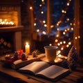 Cup of warm coffee and herbal tea, Christmas candles and a favorite book, lit Christmas fireplace