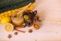 Cup warm water with lemon, honey, ginger root, cinnamon and anise Royalty Free Stock Photo