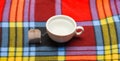 Cup or white porcelain mug with transparent hot water and bag of tea. Mug filled with boiling water and teabag on