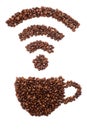 Cup with wi-fi shape made of coffee beans over white background Royalty Free Stock Photo