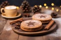 AI generated. Cup of winter tea or coffee, cakes, biscuits, cinnamon, cones on wooden table background