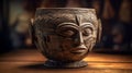 African Vessel With Mask: A Meticulously Crafted Dayak Art In Vintage Aesthetics Royalty Free Stock Photo
