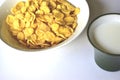 A Cup of yellow cornflakes in milk on a white background Royalty Free Stock Photo