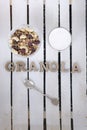 Cup of yogurt, granola, a teaspoon and Granola inscription. Whit