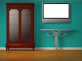 Cupboard with metallic table and flat tv