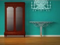 Cupboard with metallic table and glass chandelier