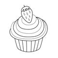 Doodle cupcake with a strawberry on the top. Black and white print