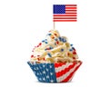 Cupcake. American Flag. US Holidays. Cake on 4th of July, Independence, Presidents Day. Tasty cupcakes with white cream icing and