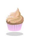 Cupcake beige icing decorated with pink sprinkles inpink paper case. Creme Brulee Coffee Caramel Taste
