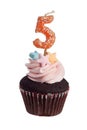 Cupcake with birthday candle for five year old Royalty Free Stock Photo