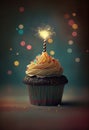 cupcake birthday candle, sparkles, and bokeh. Generative AI. Royalty Free Stock Photo