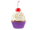 Cupcake. Birthday cupcake with cherry on top. Happy Birthday. Tasty baking cupcakes, cake or muffin with white cream Royalty Free Stock Photo