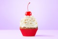 Cupcake. Birthday cupcake with cherry on top. Red cup liners. Happy Birthday. Tasty baking cupcakes, cake or muffin Royalty Free Stock Photo