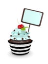 Cupcake with blank board on white background
