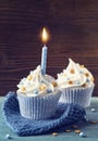 Cupcake with a blue candle Royalty Free Stock Photo