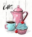 Cupcake with blue cream and cherry, cup of coffee and pink tea pot on simple white wooden texture, illustration Royalty Free Stock Photo