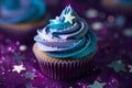 Cupcake with blue and purple galaxy frosting with stars