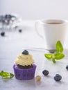 Cupcake with blueberry, hazelnut and mint leaves in purple wrap on white marble table top Royalty Free Stock Photo