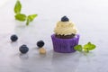 Cupcake with blueberry and hazelnut in purple paper on white natural marble table Royalty Free Stock Photo