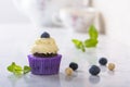 Cupcake with blueberry and hazelnut in purple wrap on white natural marble background Royalty Free Stock Photo