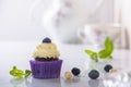 Cupcake with blueberry and hazelnut in purple wrap on white natural marble desk Royalty Free Stock Photo